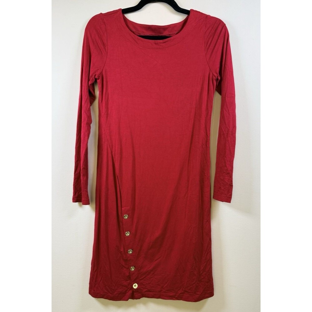 Lilly Pulitzer Red Shift Crew Neck Long Sleeve Button Dress XS 014243